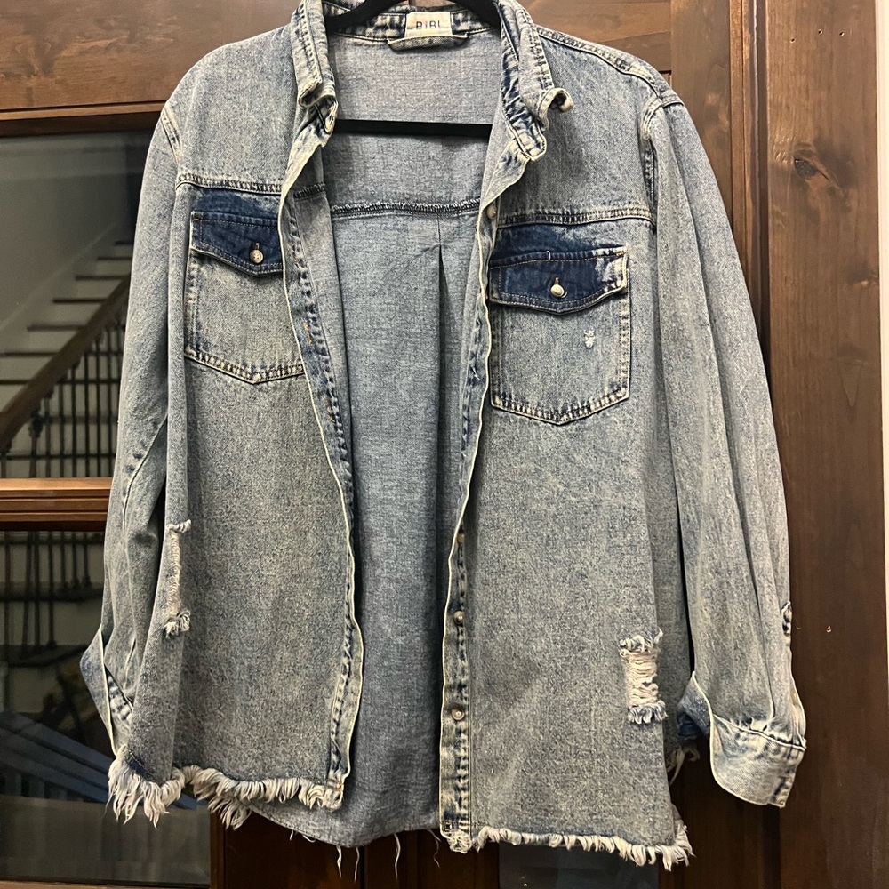 Denim Button-Up Jacket with Distressed Details